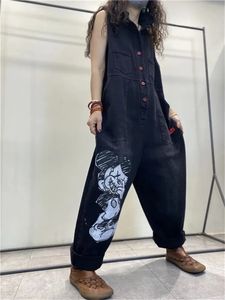 Women's Two Piece Pants Personality Cartoon Print Denim Jumpsuit Women's Loose Fashion Spring Summer Vintage Jeans Female Sleeveless Baggy Overalls 231101