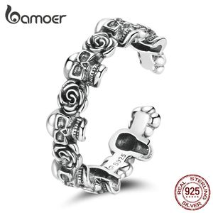 Solitaire Ring خمر 925 Sterling Silver Halloween Gift Punk Rose Skull Open for Women Hiphop Jewelry Anillo 231101