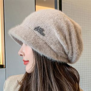 Beanie / Skull Caps Outono Coelho Chapéu De Malha Para Menina Mulheres Inverno Moda Sólida Borda Curta Macia Quente Cashmere Lã Skullies Feminino Chapéus Grossos 231102