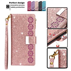 Custodia in pelle con portafoglio magnetico glitterato per iPhone 15 14 11 13 12 Pro Max XS Max XR 8 7 14 Plus Slot per carte Portafoglio Borsa con supporto magnetico Cover per telefono con cinturino da polso