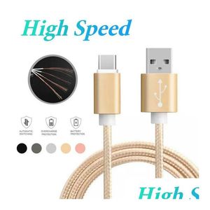 Cabos de telefone celular Caixa de metal trançada Micro USB 2A Durável Tipo de carregamento de alta velocidade C com vida útil de 10000 curvaturas para Android Smart D Dhhv8