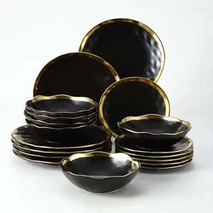 Dinnerware Sets 18pc Set Cutlery Plate Tray Luxury Black Kitchen Tool Porcelain Dinner Gold Soap Ceramic Dessert Bowl