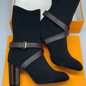 Women Sock Heel Boots Winter Ankle Boot Thick Soled Elastic Knitting Stitching Warm Socks Martin Platform Letter Shoes 35-42 Med Box No50