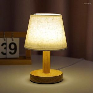 Tischlampen aus Holz, Nachttischlampe, LED, nordisches koreanisches Schlafzimmer, Augenschutz, Heimdekoration, Schatten, USB-Aufladung, Leinen