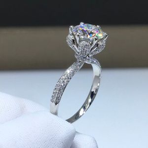 Kvinnlig blomsterring 925 Sterling Silver Round 3CT AAAAA Zircon CZ Engagement Wedding Band Rings for Women Bridal Party Jewelry