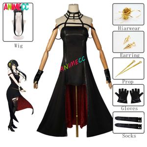 Yor Forger Cosplay Kostüm Perücke Killer Assassin Gothic Neckholder Schwarzes Kleid Prop Halloween Party Outfit für Frauen Gilrs Cosplay