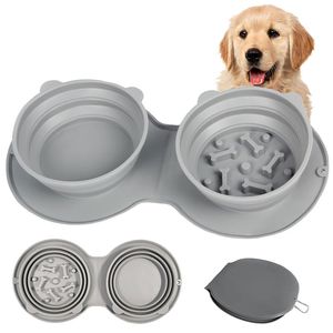 Collapsible Dog Bowls, Portable Silicone Twins Dog Bowl for Slow Feeding, Foldable Adjustable Pet Food and Water Feeder Bowl Non Spill for Walking, Hiking, Camping