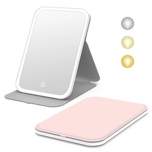 Kompakta speglar Travel Makeup Mirror med LED -ljusuppladdningsbar Vanity Mirror Desk fällning Kosmetisk spegel 3 Färg LED -spegel Ljus för smink 231102