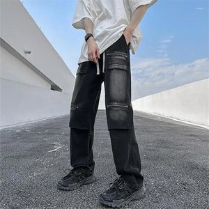 Calças de brim masculinas roupas de carga cor sólida cintura elástica cordão multi-bolso calças retas emendadas calças soltas a025