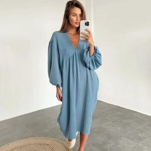 Indumenti da notte da donna Abito da notte con maniche a lanterna Abito da donna allentato con scollo a V 2023 Pigiama Casual in cotone autunnale Solido Moda elegante