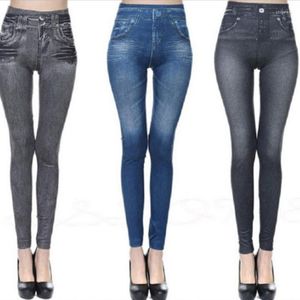 Active Pants Women Leggings 2023 Fashion Faux Denim Jeans Sexig långficka Legins Summer Casual Pencil Pant