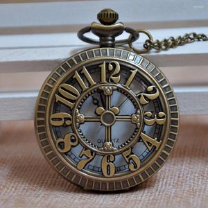 Relógios de bolso retro bronze digital numeral oco relógio de quartzo analógico pingente colar presentes das mulheres dos homens montre poche reloj bolsillo