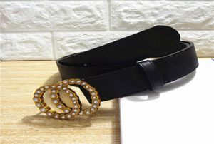2021 Trends pearl Belts Luxury Design Women Letter Fashion Alloy Leather Smooth double Golden rhinestones buckle jeans ladies Belt BLk sizes 90-125CM1163304