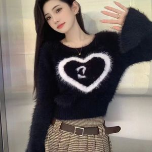 Women's letter jacquard flare long sleeve mohair wool knitted o-neck sweater short jumpers SMLXL