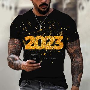 メンズTシャツ2023ハッピーイヤーティーホリデーカジュアルハラジュクトップファッションブラウス夏3Dプリントストリートウェアの服