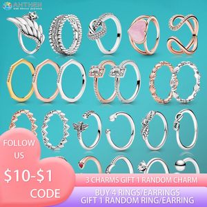 925 Silver Women Fit Pandora Ring Original Heart Crown Fashion Rings Seashell Crown Geometric Shapes Sparkle Halo