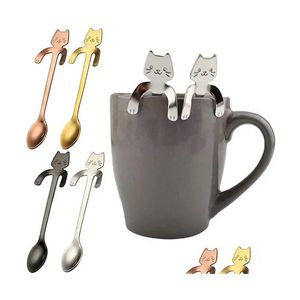 Spoons Ups Stainless Steel Coffee Tea Spoon Mini Cat Long Handle Creative Drinking Tools Kitchen Gadget Flatware Tableware Wholesale Dhjwv
