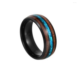 Bröllopsringar 8mm Hawaiian Koa Wood and Abalone Shellstainless Steel For Men Blue Fire Opal Ring Band smycken Drop