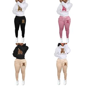 Partihandel plus size kvinnliga spårningsdräkter Två stycken Set Designer 2023 Ny Autumn Winter Plush Thicked Hoodies Bear Pattern Sweater Trousers Casual Sports 5xl