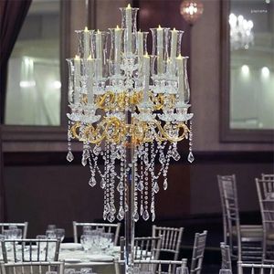 Ljushållare Modern Gold Metal 9 Arm Crystal Candelabra Tall Glass Hanging Holder Home Wedding Table Centerpiece Decoration