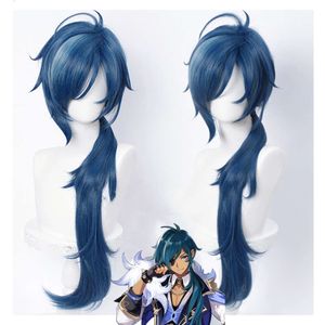 ANIEMCC Genshin Impact Kaeya Men 80cm Long Ink-blue Wig Cosplay Costume Heat Resistant Synthetic Hair Anime Wigs cosplay