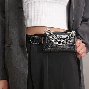 Sacos de cintura moda modelo quadrado tendência mulheres fanny pack elegante pu couro cintura bolsa de ombro pequena bolsa com correntes de metal 231019