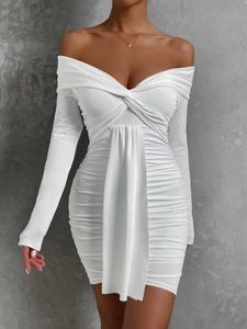 Urban Sexy Dresses Women Long Sleeve Off Shoulder Mini Dress White Party Ribbon Pleated Ruched Bodycon Short Evening