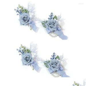 Ghirlande di fiori decorativi Fiori decorativi 4 pezzi Set di cor e fiore all'occhiello blu polveroso Accessori Fiore da polso Consegna a domicilio G Dhdij
