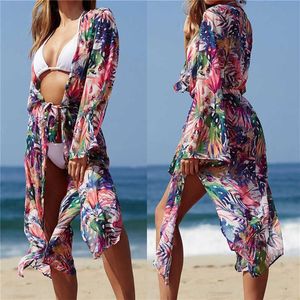 Kwiatowa tunikka na plażę kostium kąpielowy Cover Ups Długa szyfonowa sukienka plażowa w rozmiarze Bikini przy plaży Bikini Up Saida de Praia #Q694 Y12180