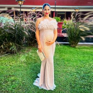 Casual Dresses Shiny Strapless Luxury Lace Feathers Maternity Elegant Mermaid Long Pregnant Women Dress For Pography Prom Party Gown