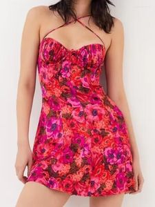Sukienki na co dzień lato 2023 kobiety w stylu Vintage, w kwiaty Print biustonosz z fiszbinami Halter Sling seksowna sukienka moda Backless panie wyjściowa mini szata