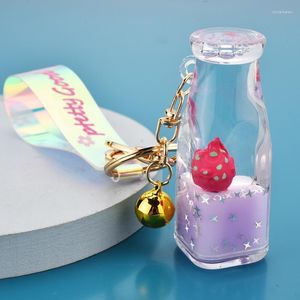 Keychains Cute Jelly Leather Rope i oljan Flytande frukt Strawberry Yoghurt Bottle Pendant Girl Bag Akryl Keychain Jewelry Miri22