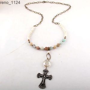 Fashion Women Ethnic Necklace Bronze Chain Natural gemstone Crystal Glass link Long Metal Cross Pendant Necklace Dropship