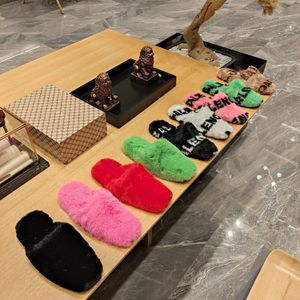 Brand Logo print Teddy Slippers Rabbit Hair Flats heels round toe pumps winter Slip-on Slides Women fashion shoes Round toe luxury designers factory footwear with box