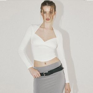 Damen-T-Shirts, Lygens, solide, schlanke, lange Ärmel, gerüscht, quadratischer Kragen, aushöhlen, Crop-Top, T-Shirts, Y2K, elegant, Großhandel, Winterkleidung