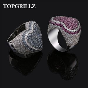 Anéis de casamento Red Bule Cor Coração Anel Micro Pave Cubic Zircon Redondo Completo Gelado Bling Hip Hop Punk Homens Mulheres Jóias Para Presentes 231101