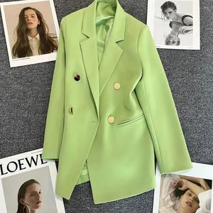 Женские костюмы 2023, весенне-осенний пиджак, офисный женский повседневный свободный костюм, пальто зеленого/черного/бежевого цвета, шикарный женский однотонный маленький размер