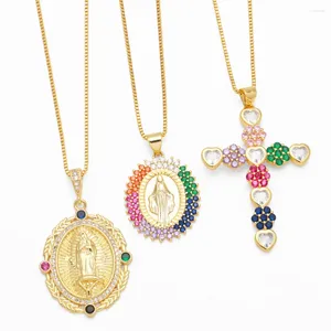 Colares Pingente Requintado Multicolor CZ Cruz de Cristal Para Mulheres Cobre Banhado A Ouro Virgem Maria Colar Católico Jóias Cruz Nkeq76