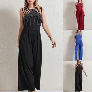 Women's Jumpsuits Rompers Summer Party Wear Clothes Women's Sexy Studded Cutout Ruched Wide Leg Jumpsuit Casual Sleeveless Long Pants 230331