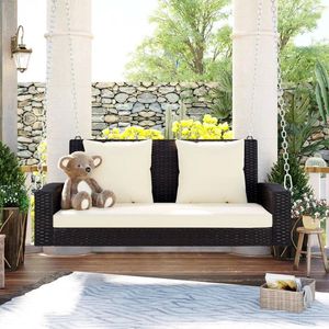 Camp Furniture 2-Person Wicker Hanging Porch Swing With Chains Cushion Pillow Rattan Bench For Outdoor Garden Backyard Pond