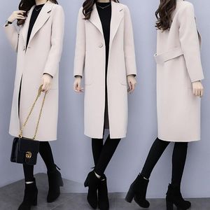 Kvinnors ull blandar mode långa kvinnor kappa smal enknapp vinterjacka solid kontor lady vänd krage kashmir trevligt