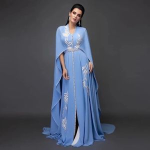 Sky Blue Arabic Evening Dresses V-Neck Light Blue White Appliques Cap Sleeve Kaftan Dubai Chiffon Caftan Prom