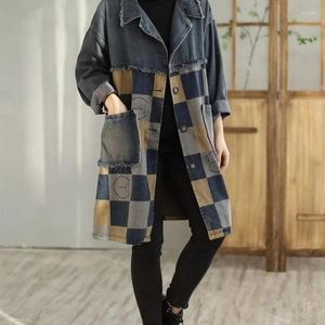 Kvinnorjackor denim Coat Women 2023 Spring Vintage Printed Top Loose Casual Slim Lapel Trench