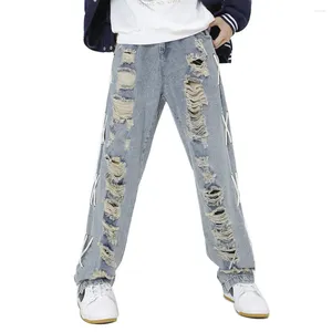 Herren Jeans Männer Löcher Ripped Distressed Denim Streetwear Side Lace Up Hosen Lose Vintage Retro Blau Nicht Stretch Hose