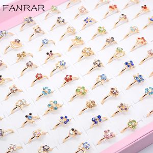 Jewelry Wholesale 100pcs Mixed Assorted Flower Gold Mix Styles Colorful Crystal Adjustable Rings Baby Kids Girls Party Gifts Display box 231101