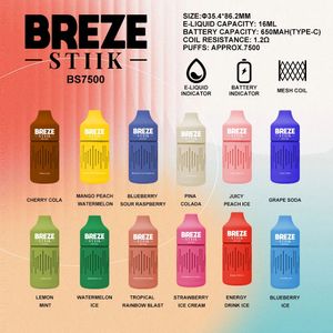 Otantik Puf BS7500 Breze Stiik 7500 Puflar Vapes USB-C Şarj Edilebilir 650mAh Pil Mesh Bobin 16ml Pil Ejuice LED Gösterge Vape Tek Kullanımlık Işıklar Parıltı