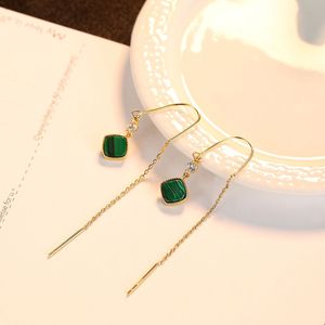 Green Square Malachite S925 Silver Ear Line Dangle örhängen Lyxig 18K Guldpläterad mode Kvinnor örhängen Premium smycken tillbehör