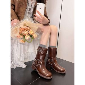 miui Home Best-quality Genuine Leather Heel Thickened Shoe New Mid Boot Sleeve British Square Headed Martin Boot Short Boots Womens Western Denim Boots Zdgw