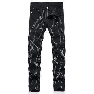 Slim-Fit Stretch Streewear Schwarz Gestickte Herren Skinny Jeans Frühling Herbst Punk Mid-Waist Trendy Pantalones Ropa