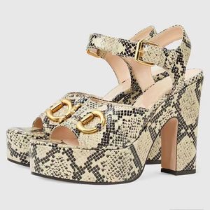 Thick heel sandals womens fashion Serpentine skin shoes Top quality ankle strap classics buckle platform heel shoe 12CM high heeled Open toe sandal with box 35-42